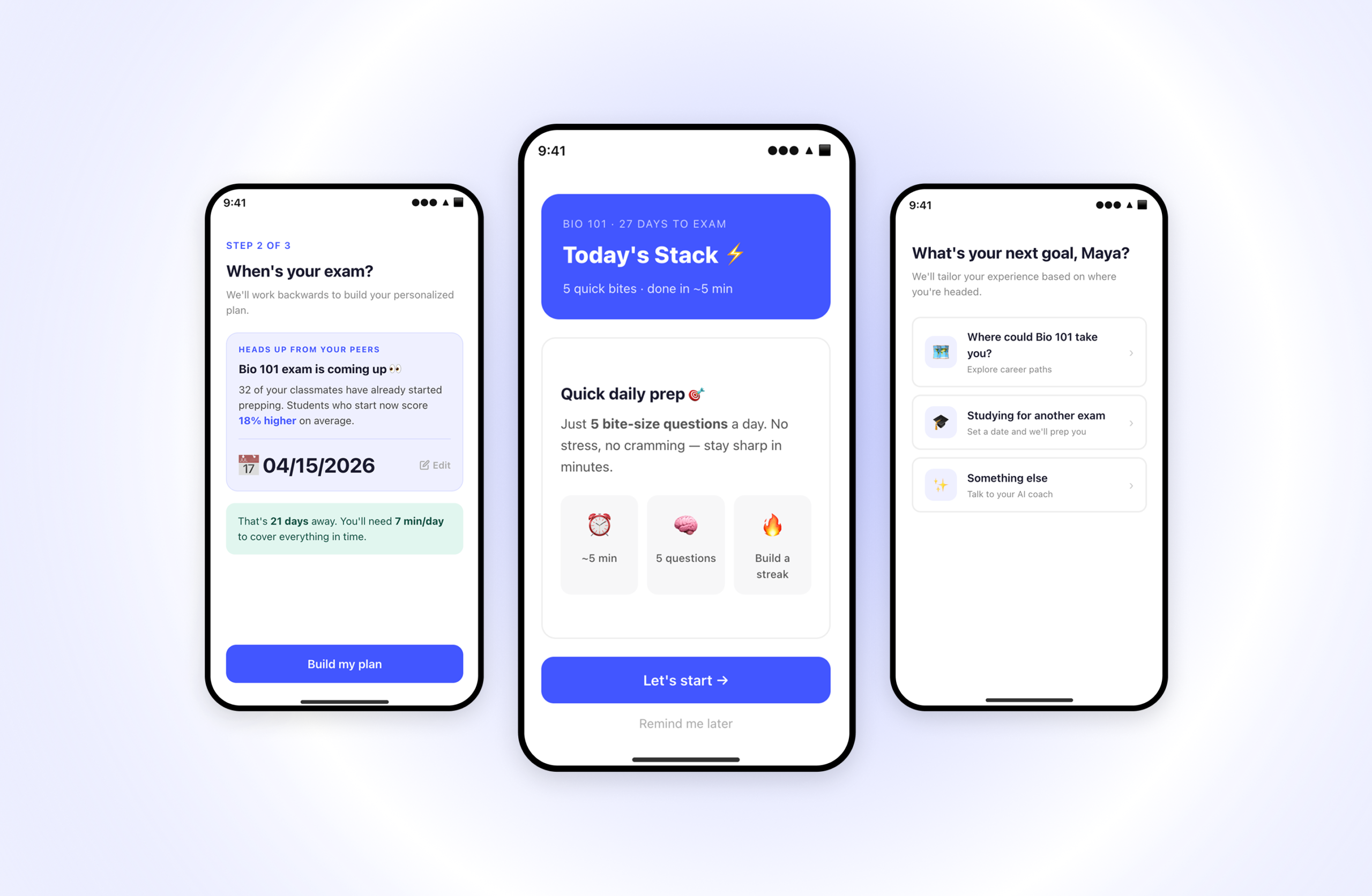 Today's Stack app screens: when's your exam, today's stack, and what's your next goal